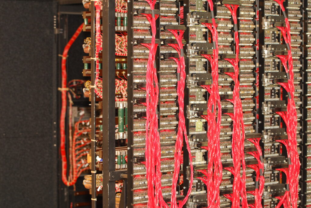 Left to right: Diagonal Board, Commons and Enigmas plugged up on the Bombe ‘Enigma’ connections