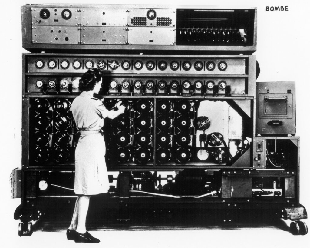 An American-built four-wheel Bombe seen being operated by a WAVE from the US Navy women’s service 